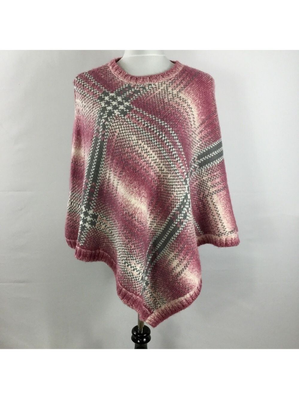 Liz Claiborne Plaid Wool Blend Knit Crew Neck Poncho Pink/Gray/White Size S/M